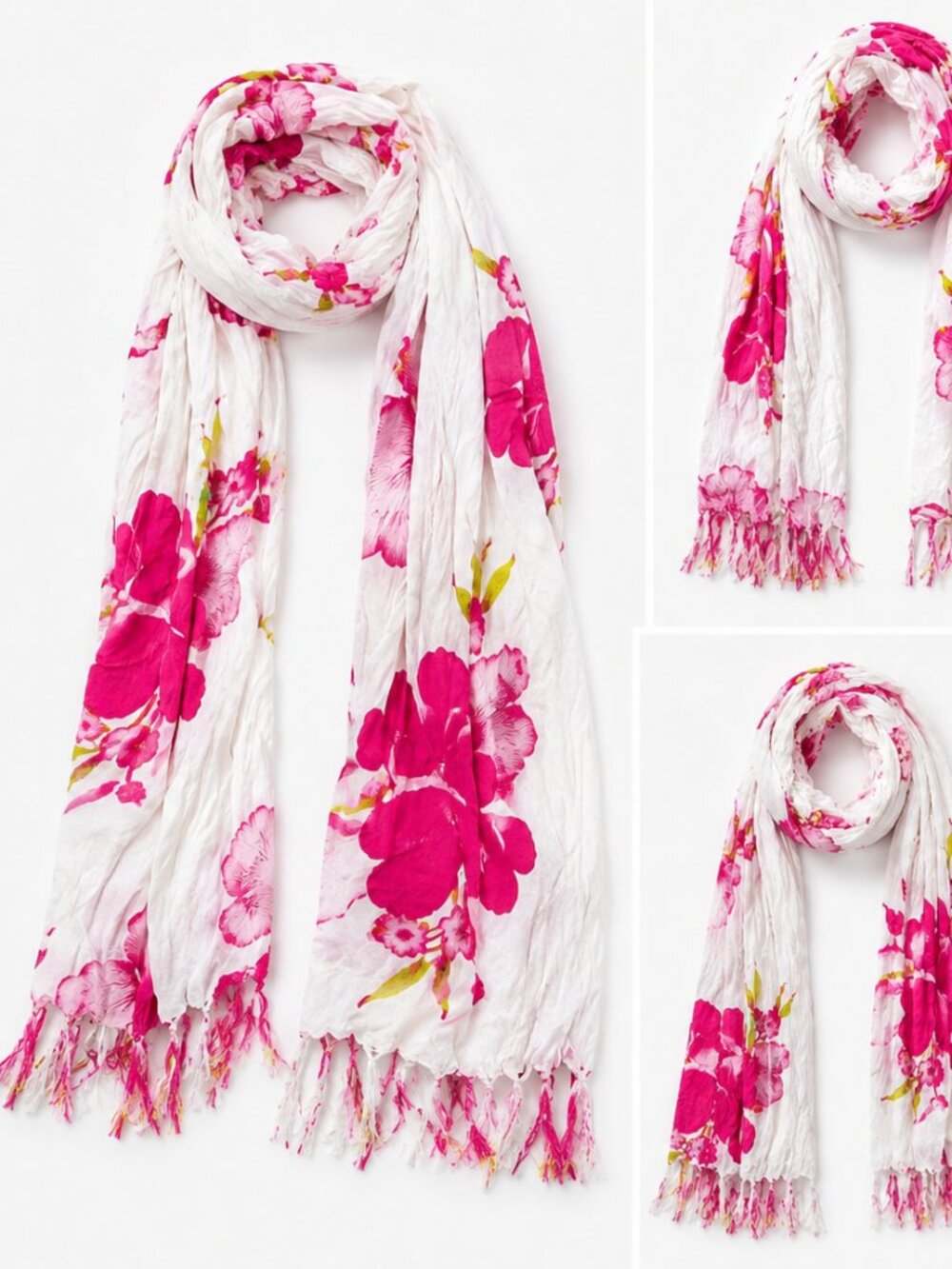 Pink & White Tropical Floral Lightweight Fringe Scarf Wrap